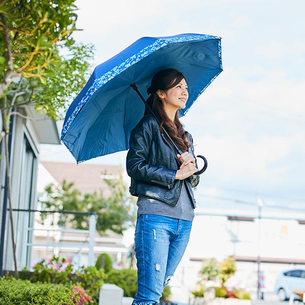 【EN FANCE/アンファンス】 逆さに開く二重傘 circus サーカス 晴雨兼用 男女兼用 長傘 ブルー×フラワー U加工 撥水加工 手開きタイプ