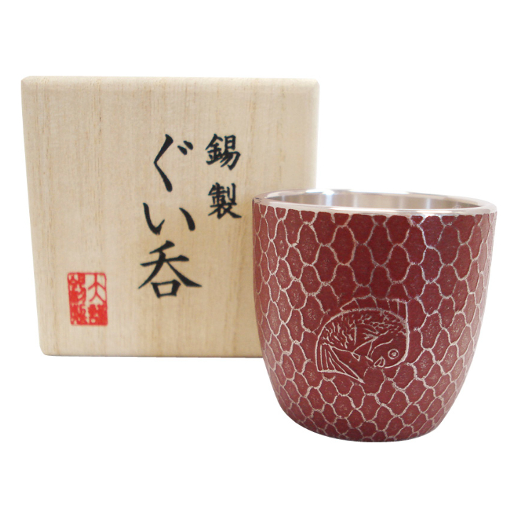 本錫ぐい呑 鯛網朱 桐箱入