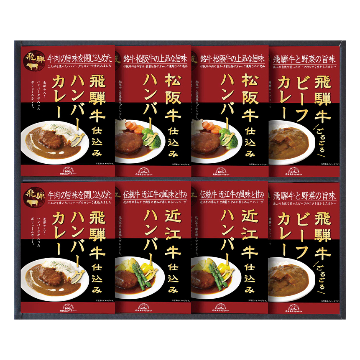 【飛騨高山ファクトリー】松阪牛・近江牛・飛騨牛仕込みハンバーグ＆カレー詰合せ HBK-50