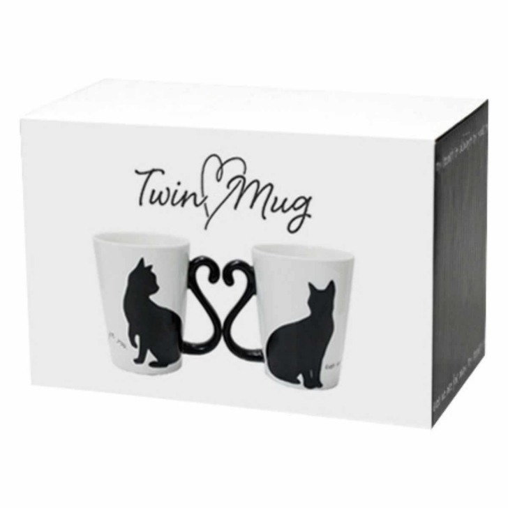 黒いペア猫と鳥のセット ハートマークショップ】マグカップ ペア 300ml 黒猫 ツインマグ 磁器 2