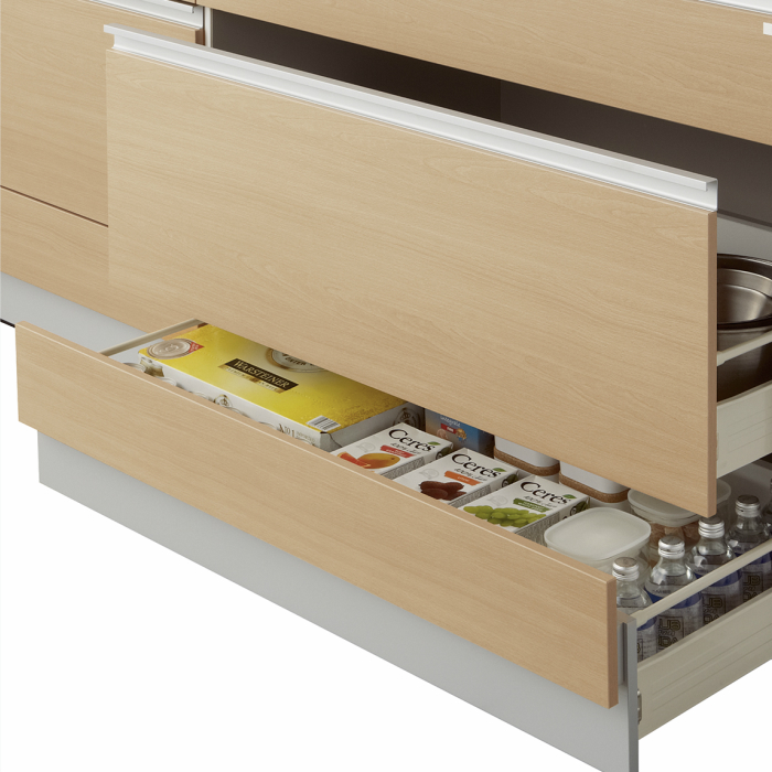 ハートマークショップ】【ナスラック】オリジナルシステムキッチン I型 間口2100mm 右シンク（Ｒ） 人造大理石ワークトップ  3口ビルトインコンロガラストップ（プロパン） パールホワイト ・通販サイト
