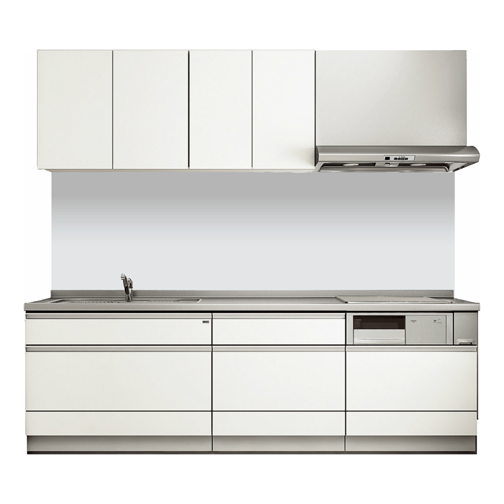 【ナスラック】オリジナルシステムキッチン I型 間口2550mm 右シンク（Ｒ） ステンレスワークトップ 3口ビルトインコンロガラストップ（12A・13A） 食器洗い乾燥機付き パールホワイト